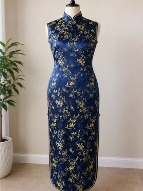 Vintage Blue Gold Brocade Cheongsam Qipao Dress Mandarin Collar 6XL